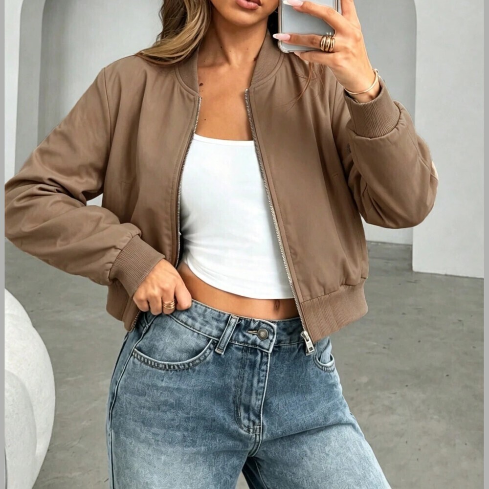 Mocha Brown Cropped Bomber Jacket with Zip Front